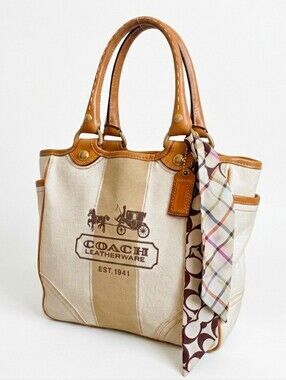 Coach 2007 Heritage Stripe Canvas Tattersall Tote Bag #11791 w/ Silk Scarf